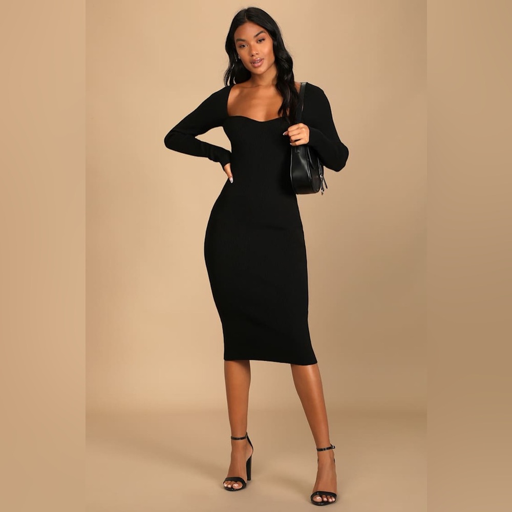 Lulus Fall Feelings Black Ribbed Bodycon knit Midi Sweater Dress Long Sleeve L